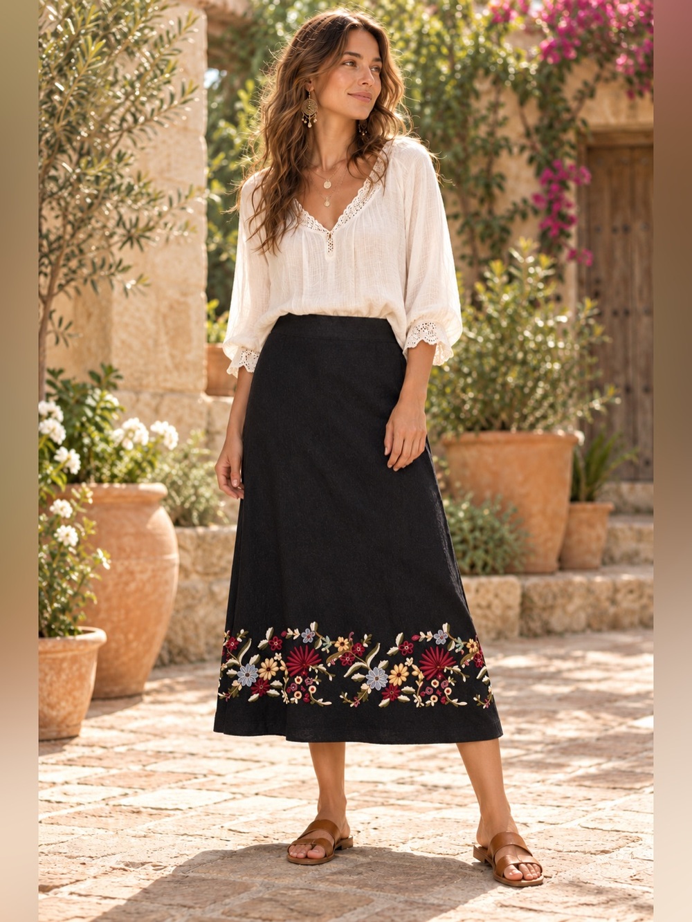 IVY Vintage Embroidered Floral Maxi Skirt Back Slit Lagenlook Coastal Minimalist